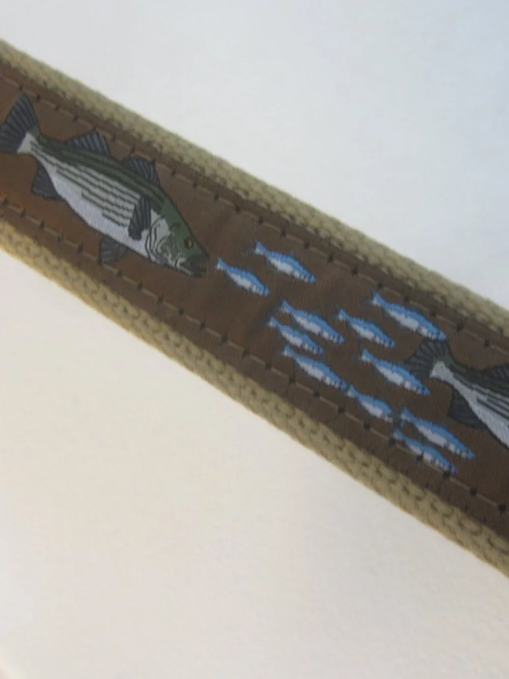 Web Canvas Brown Leather Fishing Belt Men 42 Brass Buckle Fish Theme 40 - 44